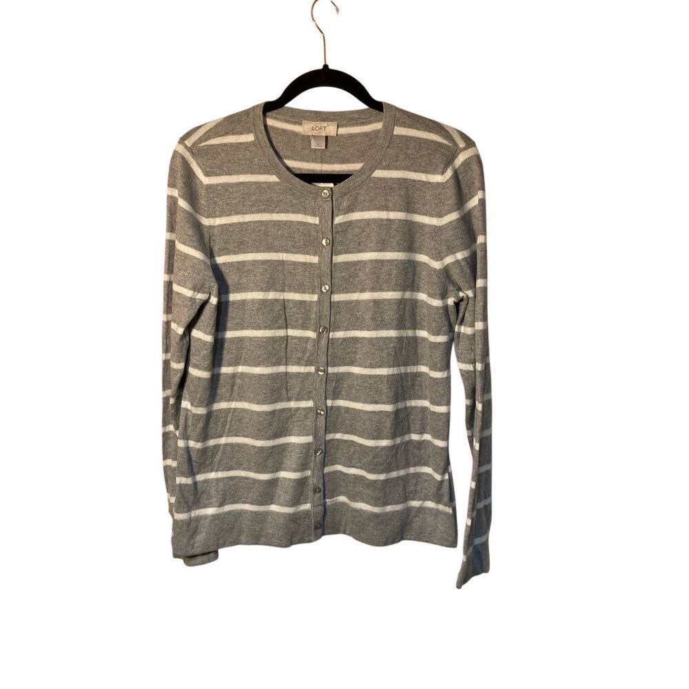 Loft women’s classic cardigan, gray and white striped sweater, size large